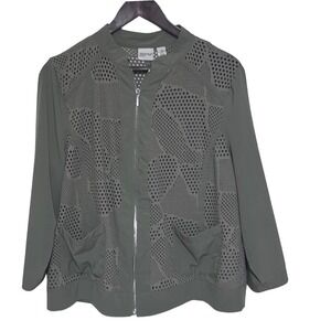 Zenergy by Chicos Olive Green Perforated Laser Cut Zip Front Jacket Womens Size3